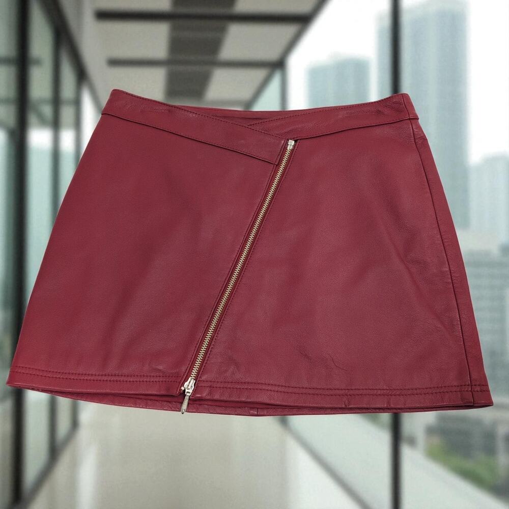 Vintage 90s Wilson's Leather Maxima Red Leather Mini Skirt Asymmetrical Zipper 8